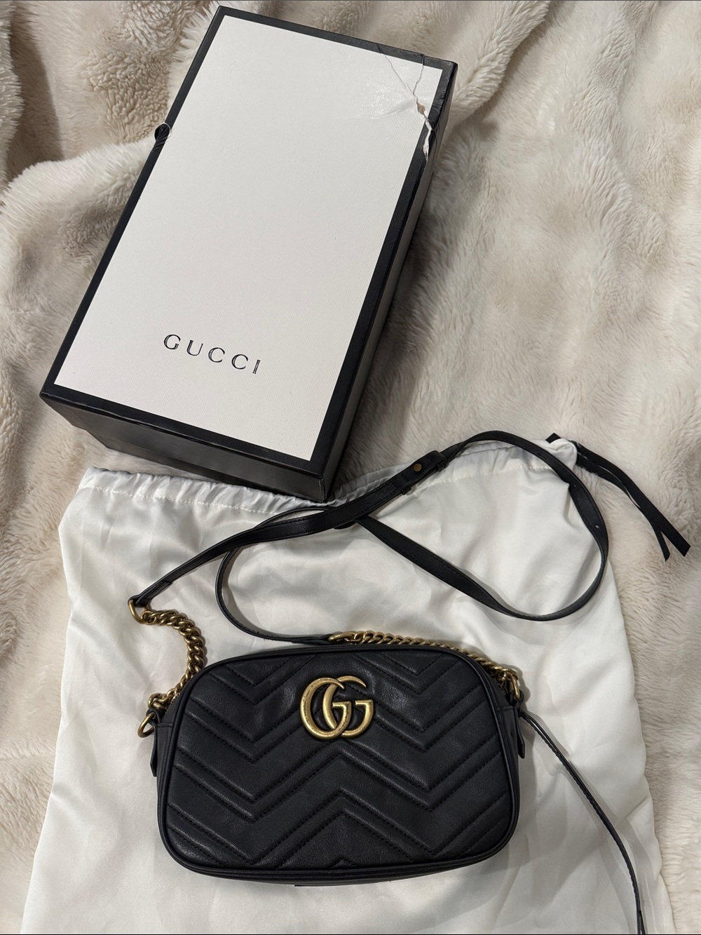 Gucci Black Quilted Leather GG Crossbody with Gold Hardware